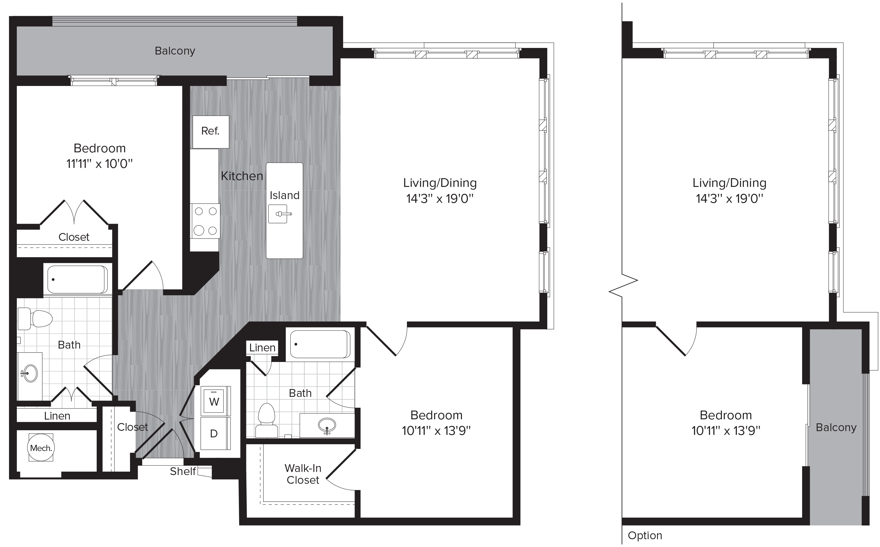 Floor plan for 2 beds, 2 baths, 1055 sqft